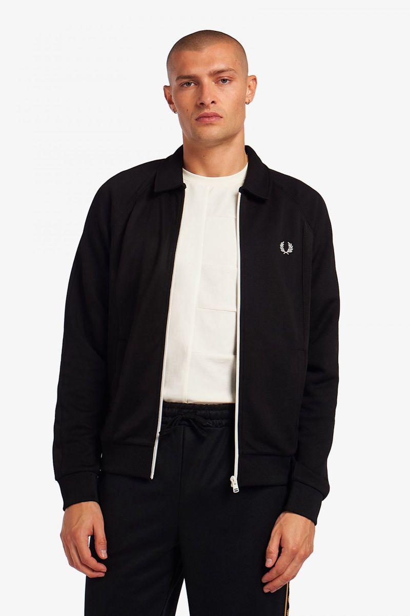 Black Fred Perry Reverse Panel Track Men's Jackets | PH 1237QMAZ